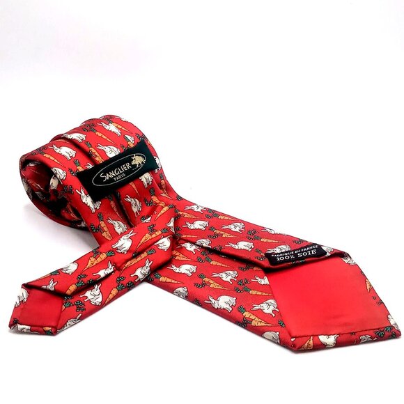 Men's Tie Sanglier Paris 100% Silk Red Rabbit Carrot Pattern Made In France 59"L - Picture 5 of 9